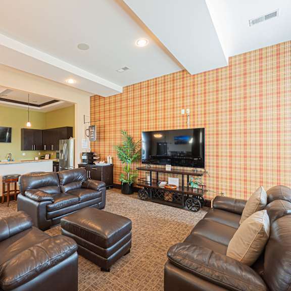 a living room with leather furniture and a television