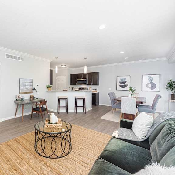 a living room with a couch and a table