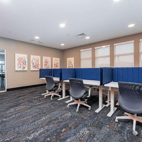 a conference room with blue chairs and a carpeted floor.