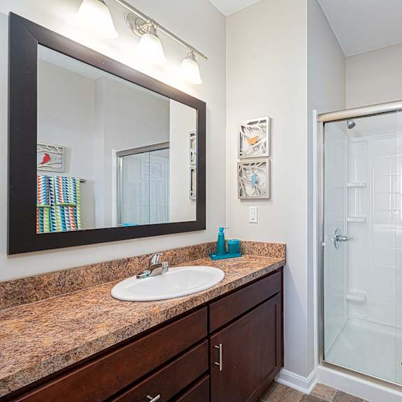 a bathroom with a shower and a sink and a mirror