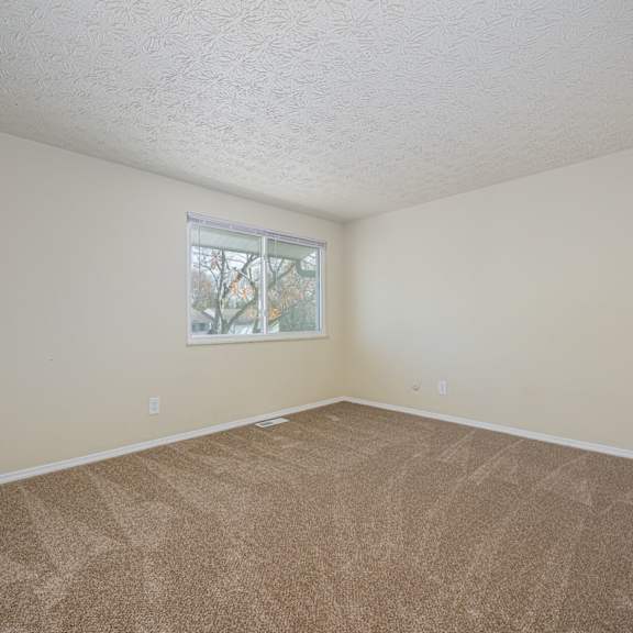 a room with a carpeted floor and a window.