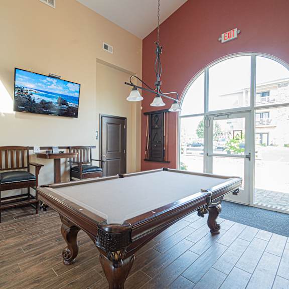 a games room with a pool table and a tv