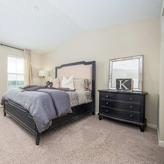 a bedroom with a large bed and a dresser with a mirror.