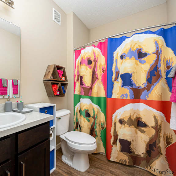 a bathroom with a shower curtain and a toilet and sink