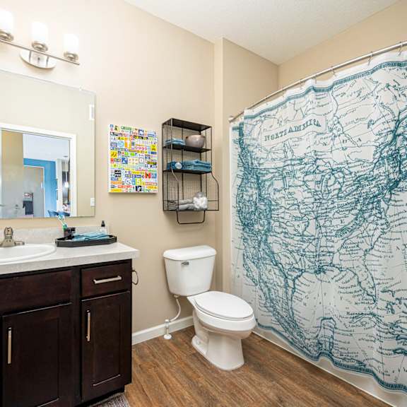 a bathroom with a shower curtain and a toilet and a sink
