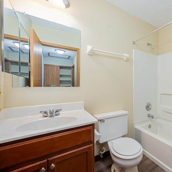 a bathroom with a sink toilet and a bath tub
