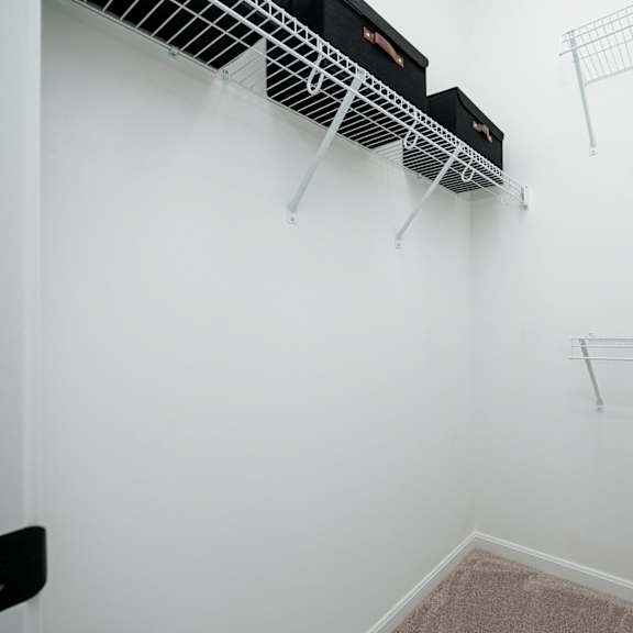 a room with white walls and two wire racks on the wall