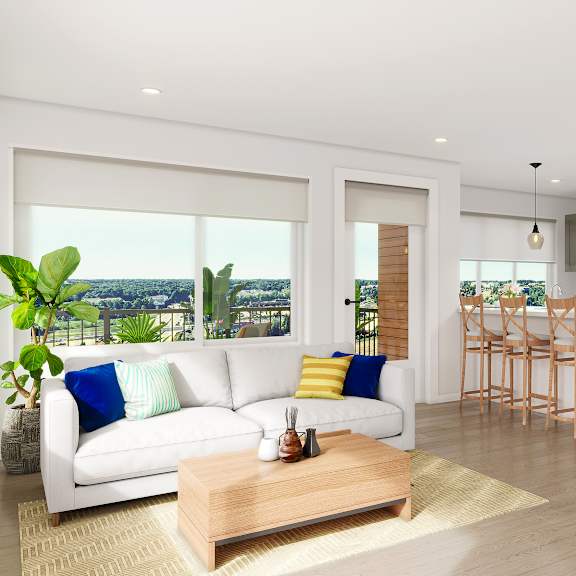 a modern living room with a view of the city.