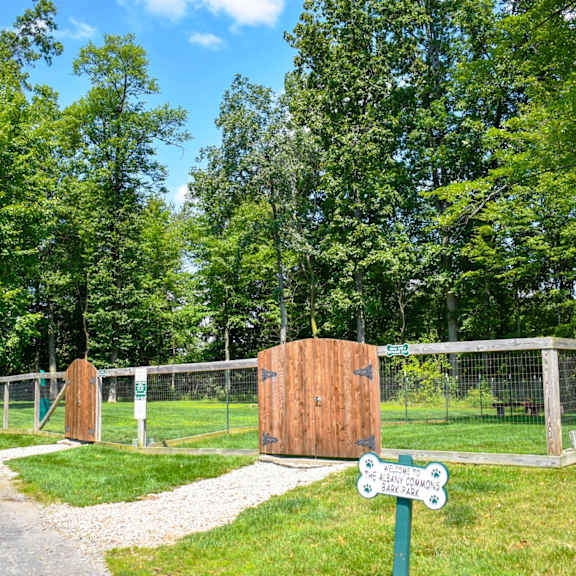 a gate in a fenced in area with trees in the background