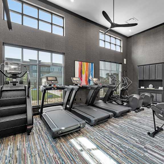 a gym with treadmills, elliptical machines, and a fan.