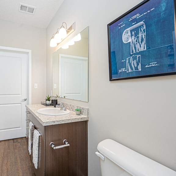 a bathroom with a sink and a mirror