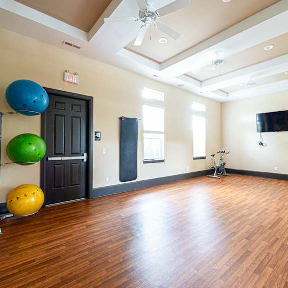 a large room with a wood floor and a ceiling fan and a door with spheres
