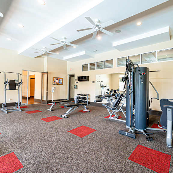 a gym with weights and cardio equipment on the floor and a ceiling fan