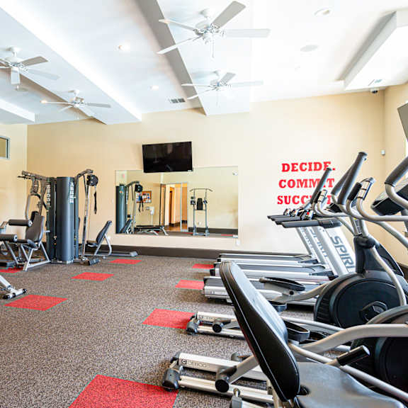 a gym with weights and cardio equipment at the flats