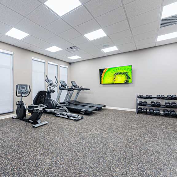 a gym with a variety of equipment including a stationary bike, treadmill, and weights.