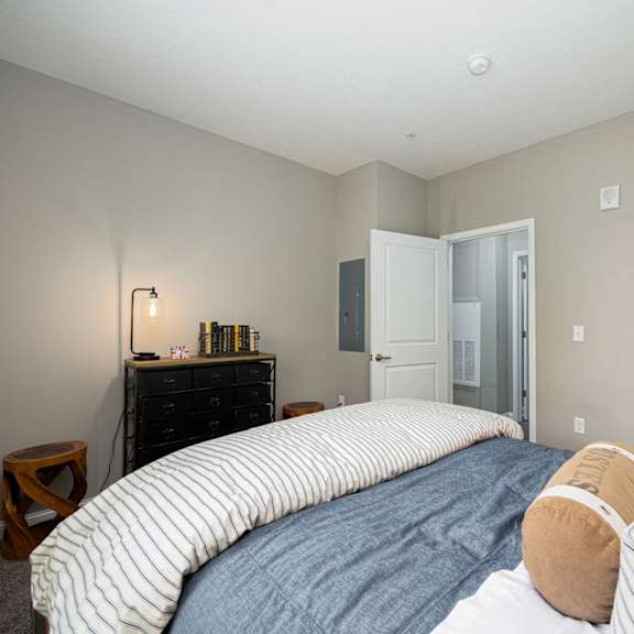a bedroom with a bed and a dresser and a closet
