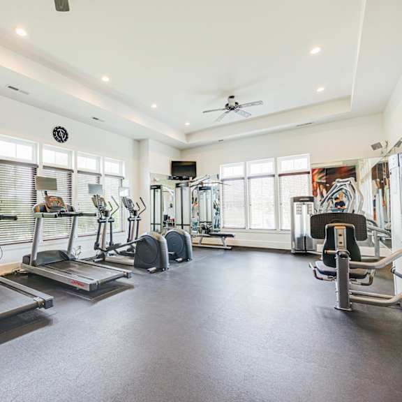 the gym has plenty of cardio equipment and windows