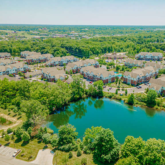 an aerial view of a community with a body of water