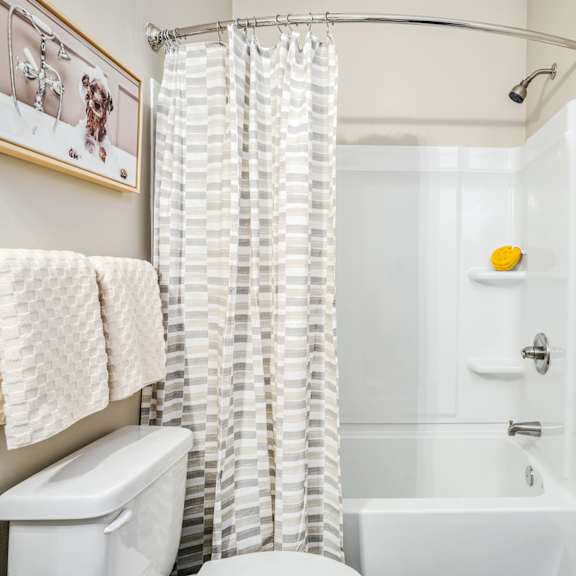 a bathroom with a shower curtain and a toilet and a sink