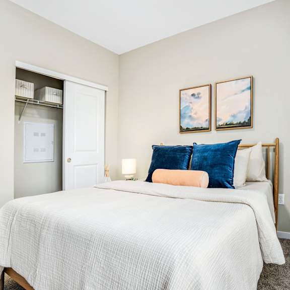 a bedroom with a bed and a closet