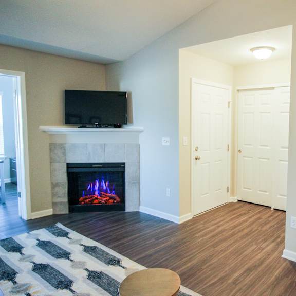 a living room with a fireplace and a television