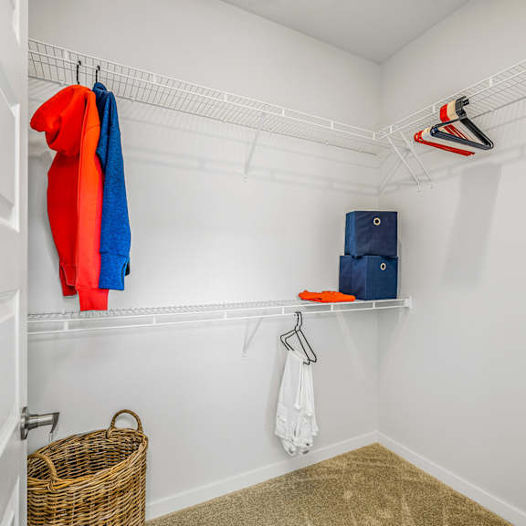 a walk in closet with shelves and hooks and a red and white shirt and tie