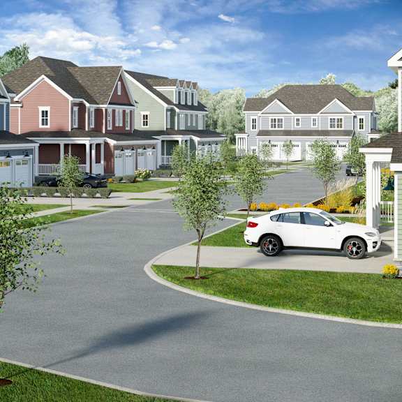 a rendering of the neighborhood with a car driving down a street