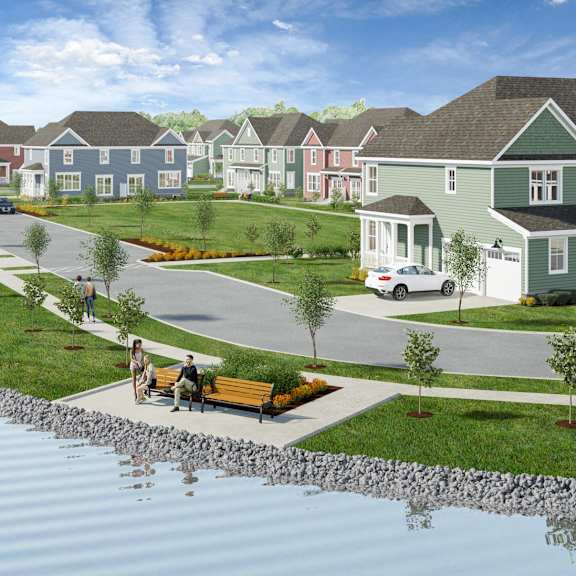 a rendering of a row of houses next to a body of water