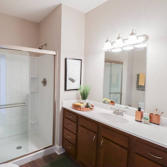 a bathroom with a shower and a sink and a mirror