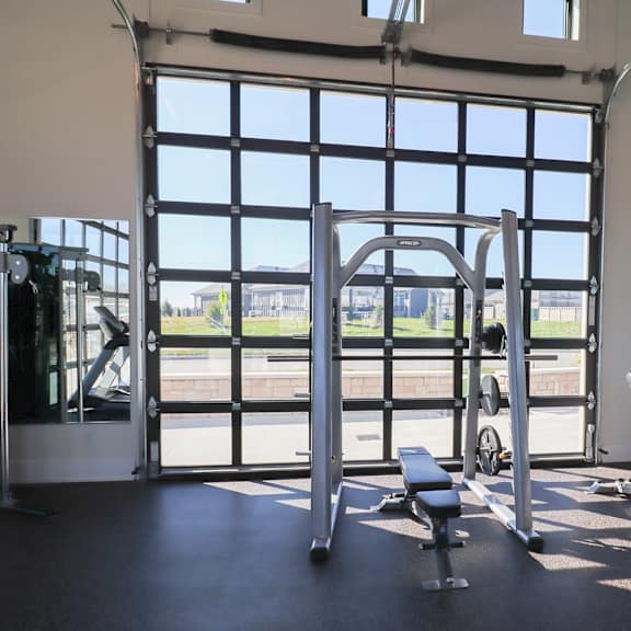 a gym with a large window and weights and cardio equipment