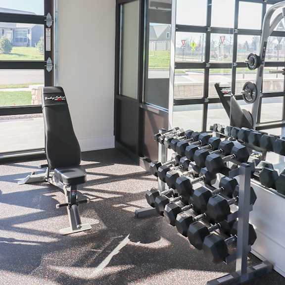 a gym with a row of weights on the floor