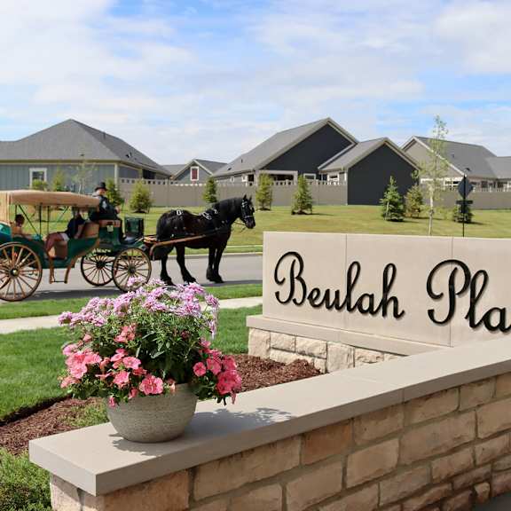 a horse drawn carriage driving past a place sign