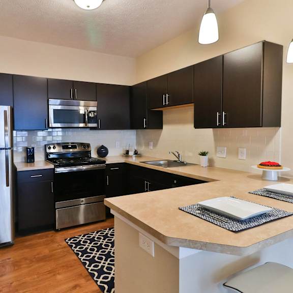 a kitchen with stainless steel appliances and black cabinets