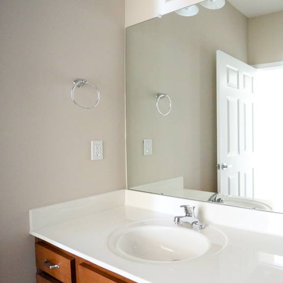 a bathroom with a sink and a large mirror