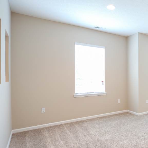 an empty room with two windows and a carpeted floor