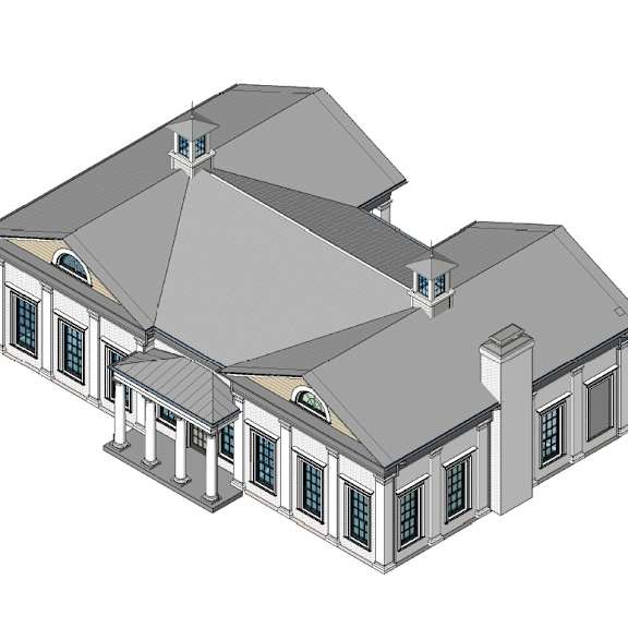 a 3d model of a house with a grey roof and white columns.