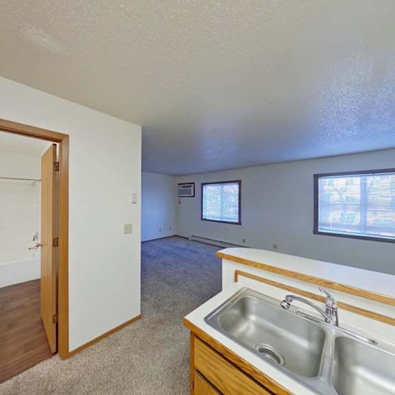 Thumbnail 5 of 10 A kitchen with a sink and a window.