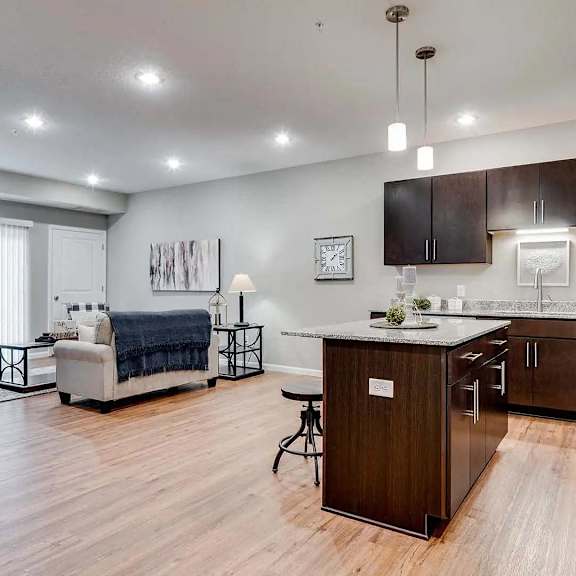 Thumbnail 4 of 12 an open living room with a kitchen and a living room.  Circle Pines, MN Lexington Lofts