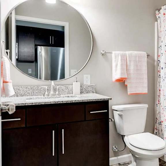 Thumbnail 6 of 7 a bathroom with a shower and a toilet and a sink. Circle Pines, MN Lexington Lofts
