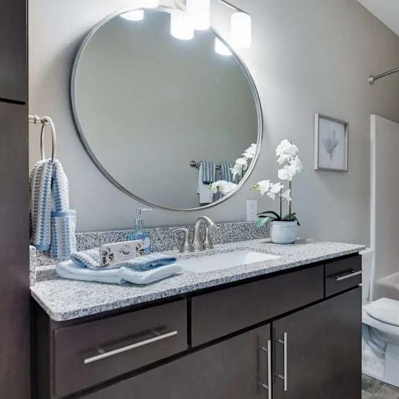 Thumbnail 8 of 8 a bathroom with a sink and a toilet and a mirror. Circle Pines, MN Lexington Lofts