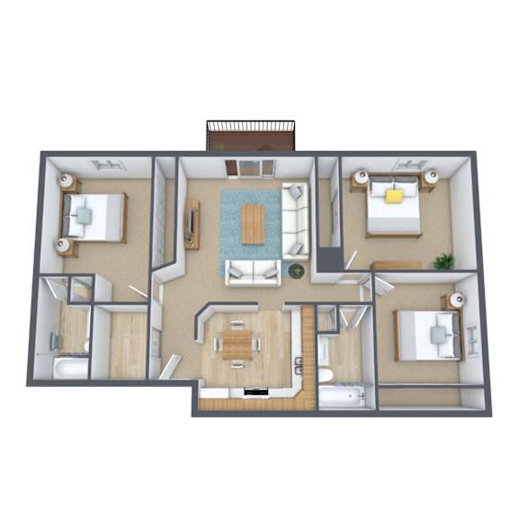 Thumbnail 1 of 2 A 3D floor plan of a house with a kitchen, living room, and two bedrooms.