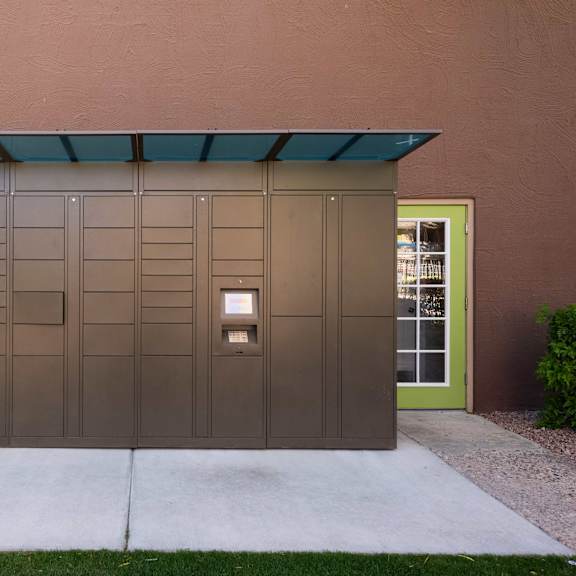 a garage door with a green door light on it