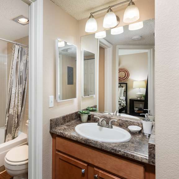a bathroom with a sink and a shower and a toilet