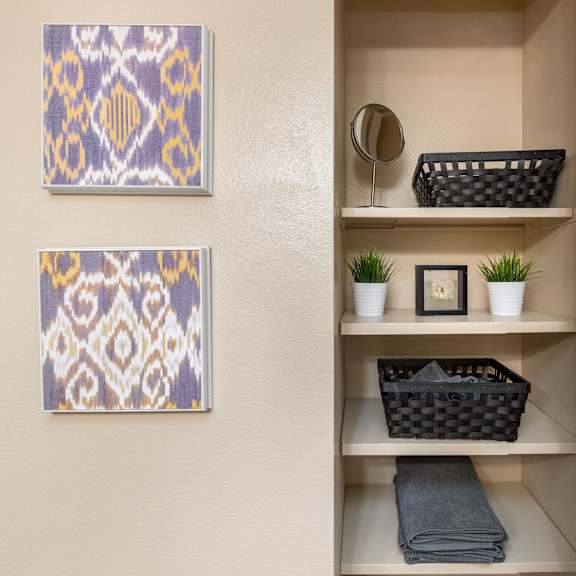a bathroom with shelves and a mirror and a closet
