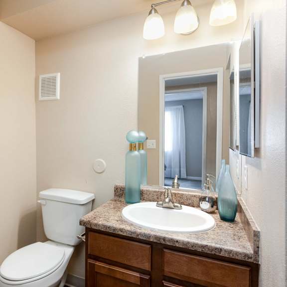 a bathroom with a toilet sink and mirror and a shower