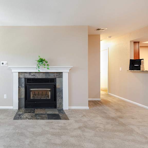 a living room with a fireplace and a carpeted floor