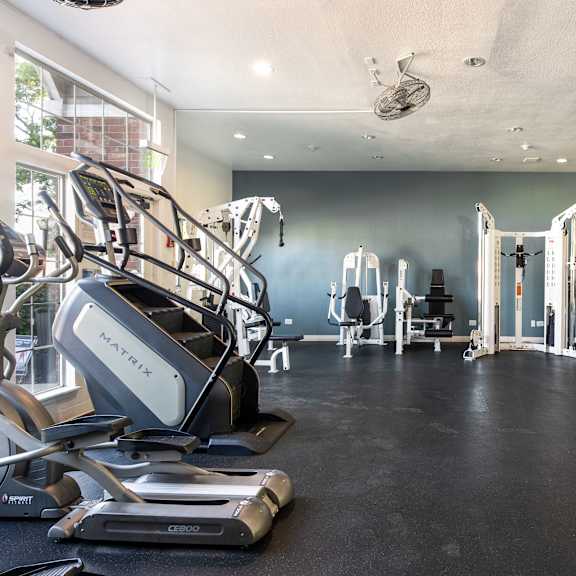 a gym with cardio equipment and weights on the floor