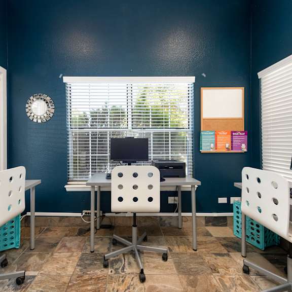 a computer room with desks and chairs and a computer monitor