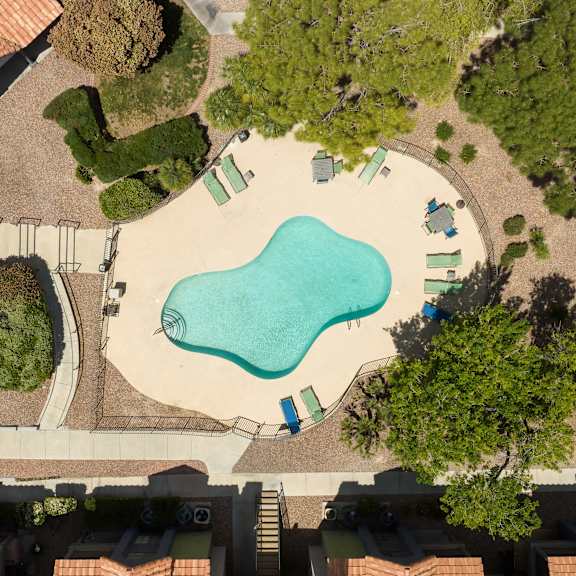 an aerial view of a swimming pool in a backyard with trees