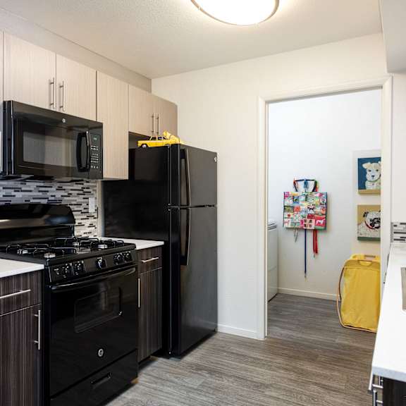 a kitchen with black appliances and a black refrigerator